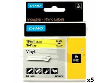 Cinta Laminada para Rotuladoras Rhino DYMO ID1-19 19 x 3,5 mm Negro Amarillo Autoadhesivas (5 Unidades)
