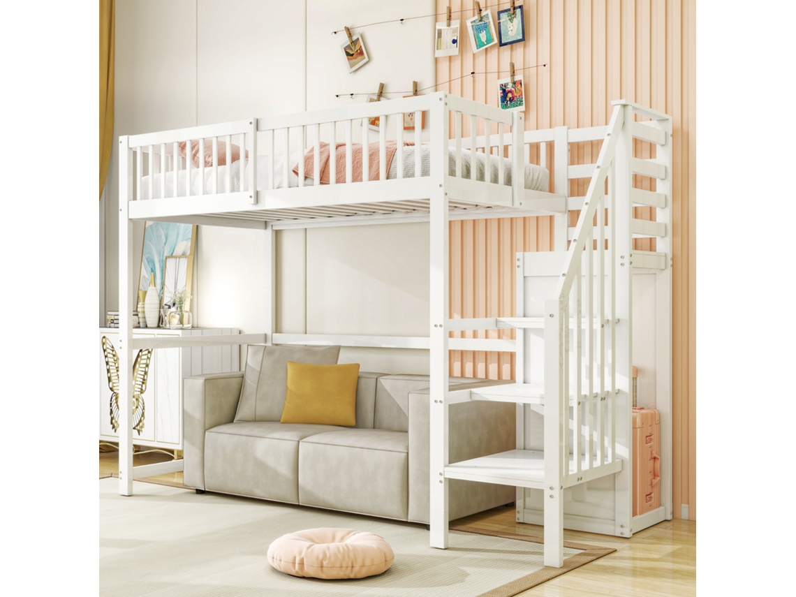 Litera Mezzanine 90x200 Cm Para Niños Con Escalera Segura, Barandilla, Estanterías Y Armario Integrado Blanco