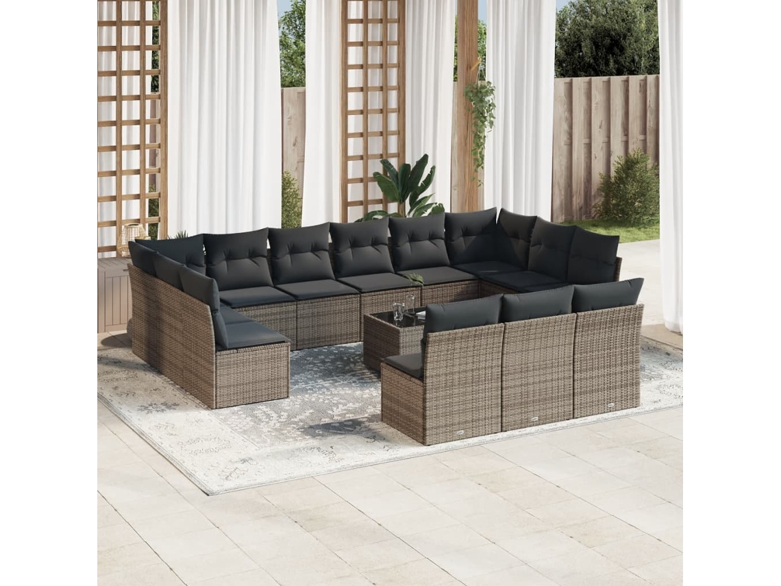 Conjunto 14 Piezas Sofás P/ Jardin C/ Almofadas Vime Pe Cinzento Dkd Home Decor