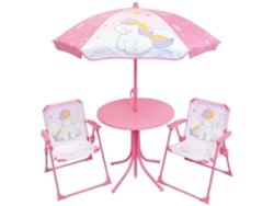 Muebles de jardín Fun House: mesa unicornio (alto 46 x 46 cm), 2 sillas plegables y sombrilla (alto 125 x 100 cm)
