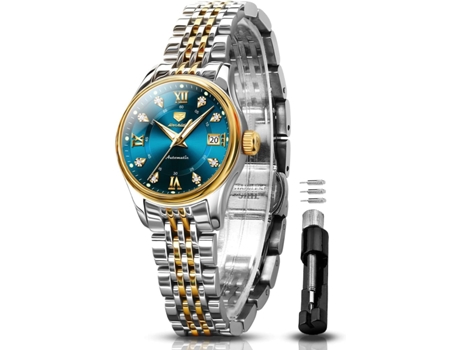 VEANXIN Reloj mecánico delgado impermeable de acero inoxidable dorado y plateado automático para mujer(Oro y plata)