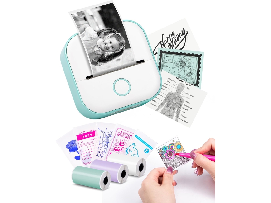 Mini Impresora Térmica Portátil Bluetooth T02 Impresora De Etiquetas Con 3 Rollos De Papel Adhesivo Verde Cuich