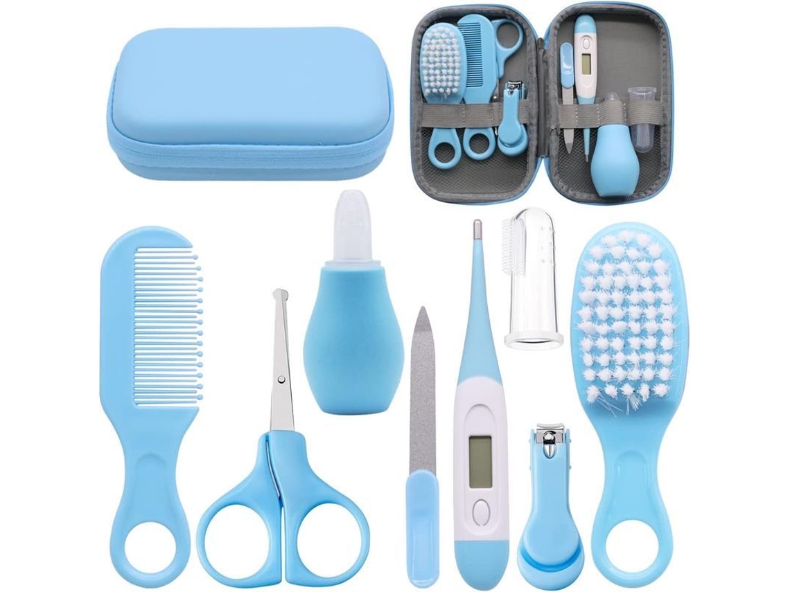 Kit de cuidado para bebé 2026 con 8 piezas, accesorios de higiene y estuche con cremallera, color azul.