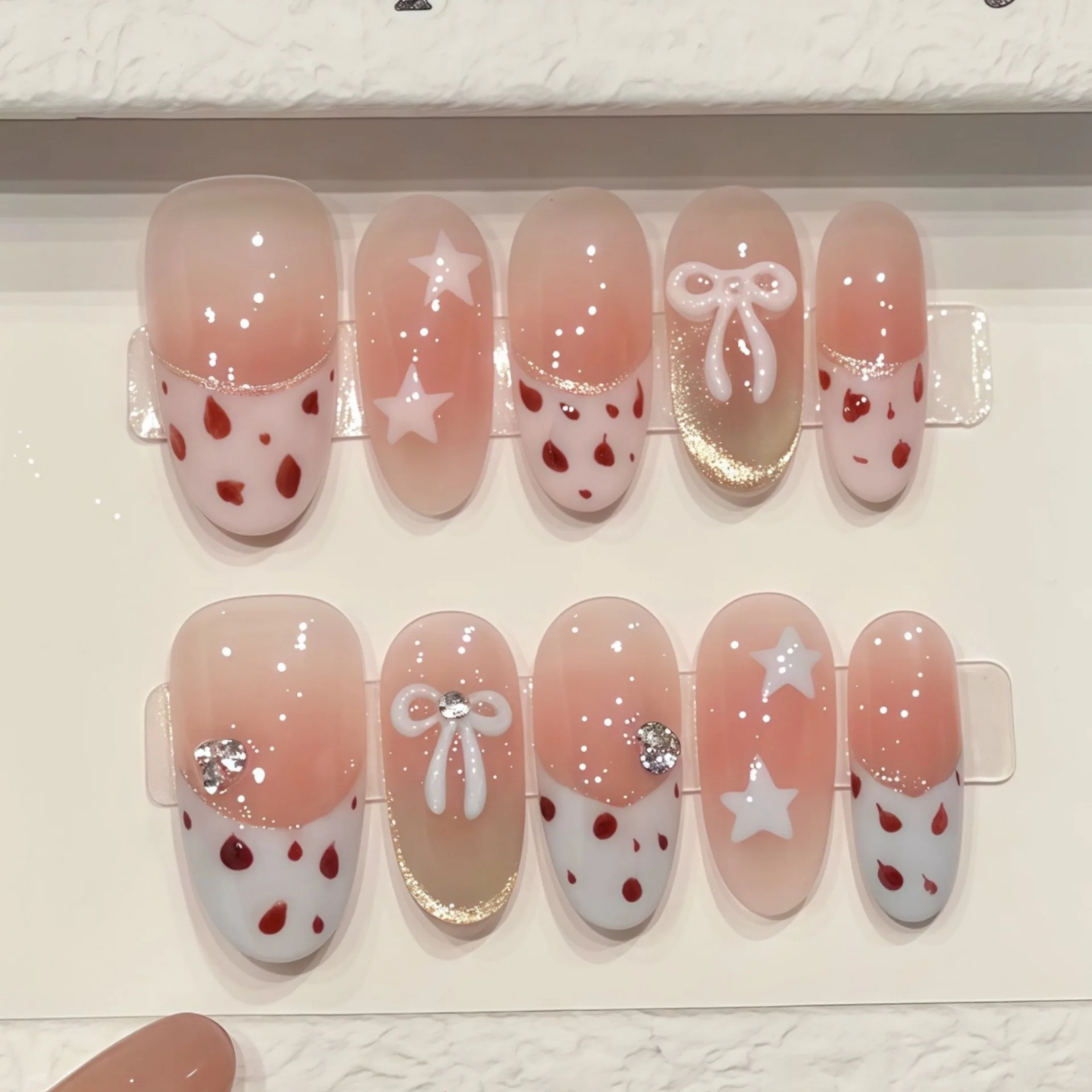 (277-s) Juego De 10 Uñas Postizas Con Diseño De Lazo - Parche De Uñas Postizas Hecho A Mano