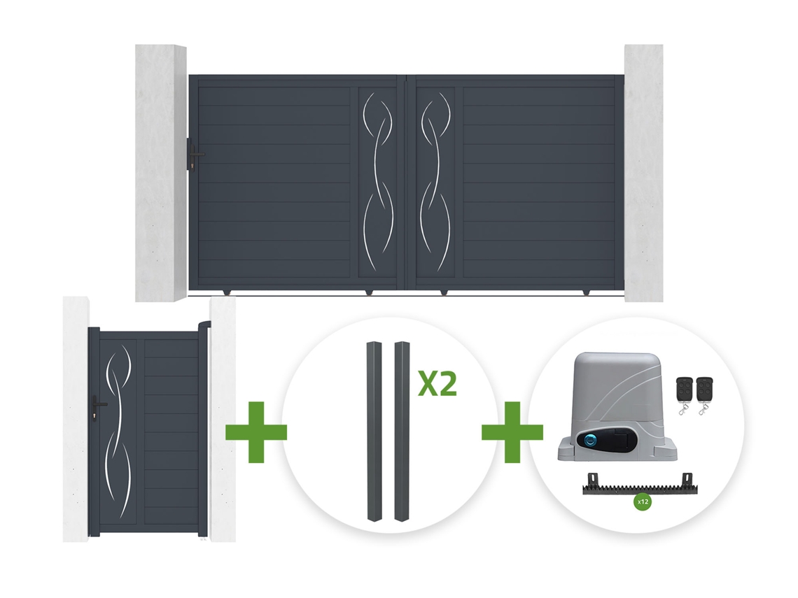 Puerta Corredera 3,5 M Life Alt. 180 Cm Gris + Puerta Peatonal 1 M Life Alt. 180 Cm Gris + 4 Postes Elda + Motorización Ranger C300