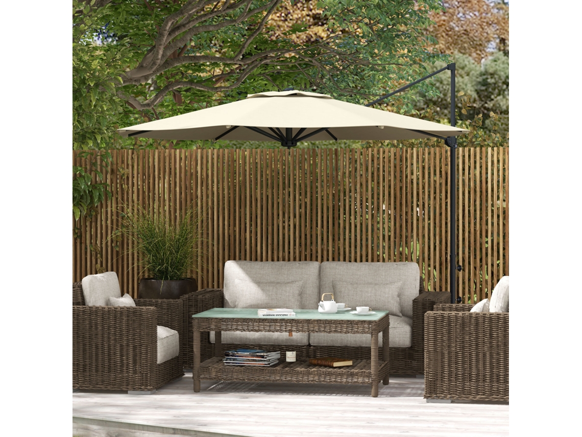 Guarda-sol De Jardim Ajustável Ø294x242 Cm Com Mastro Giratório 360°, Ângulo De Cobertura Ajustável E Ventilação, Cor Creme.