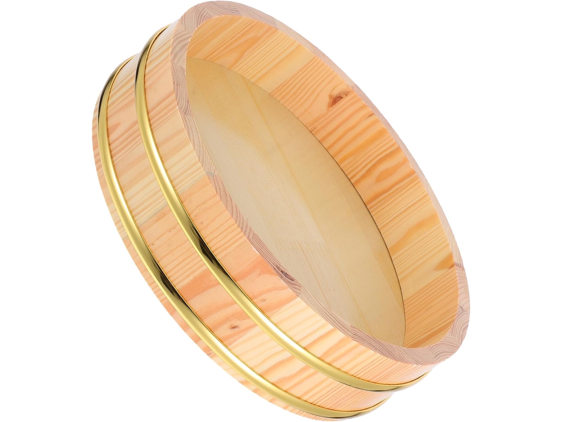 Cubo De Madera Tradicional Hangiri Para Arroz De Sushi, 26 Cm, Borde Dorado, Recipiente Para Mezclar Arroz.