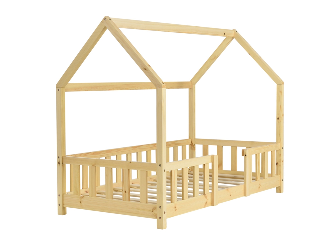Cama Infantil Tipo Cabaña Con Barandilla Y Somier De Láminas En Madera De Pino Natural 70 X 140 Cm 03_0005487