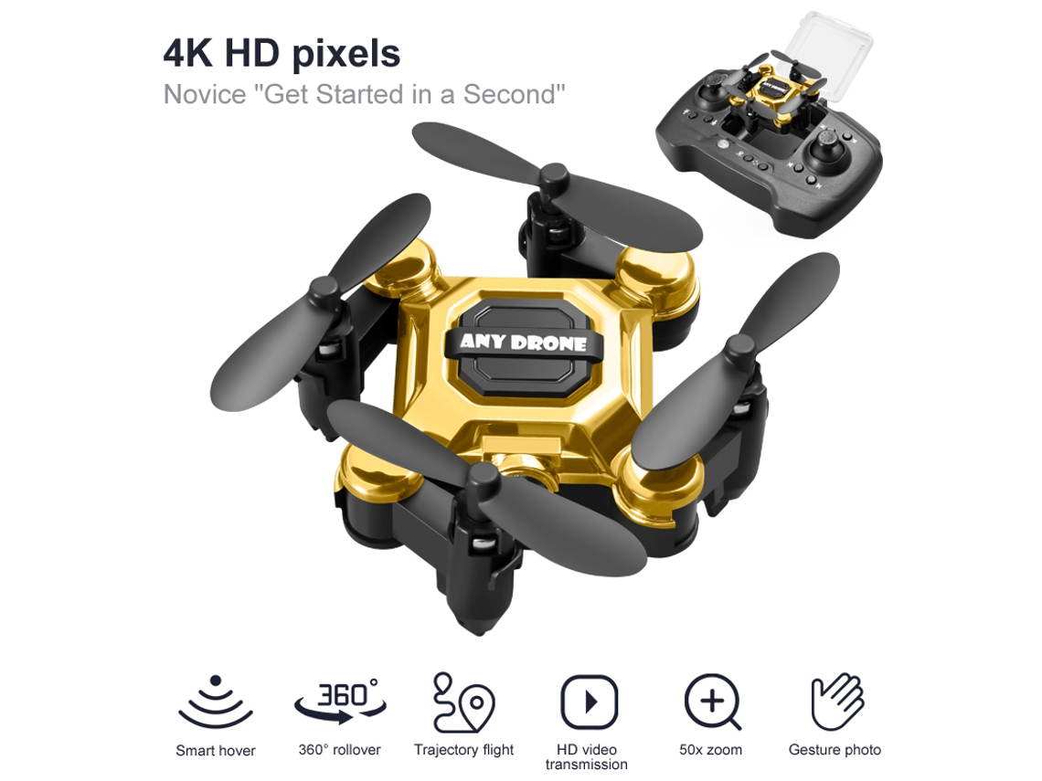 Mini dron plegable, avión portátil de altitud fija con cámara 4K (1 baterías - Duración de la batería: 10 min - dorado)