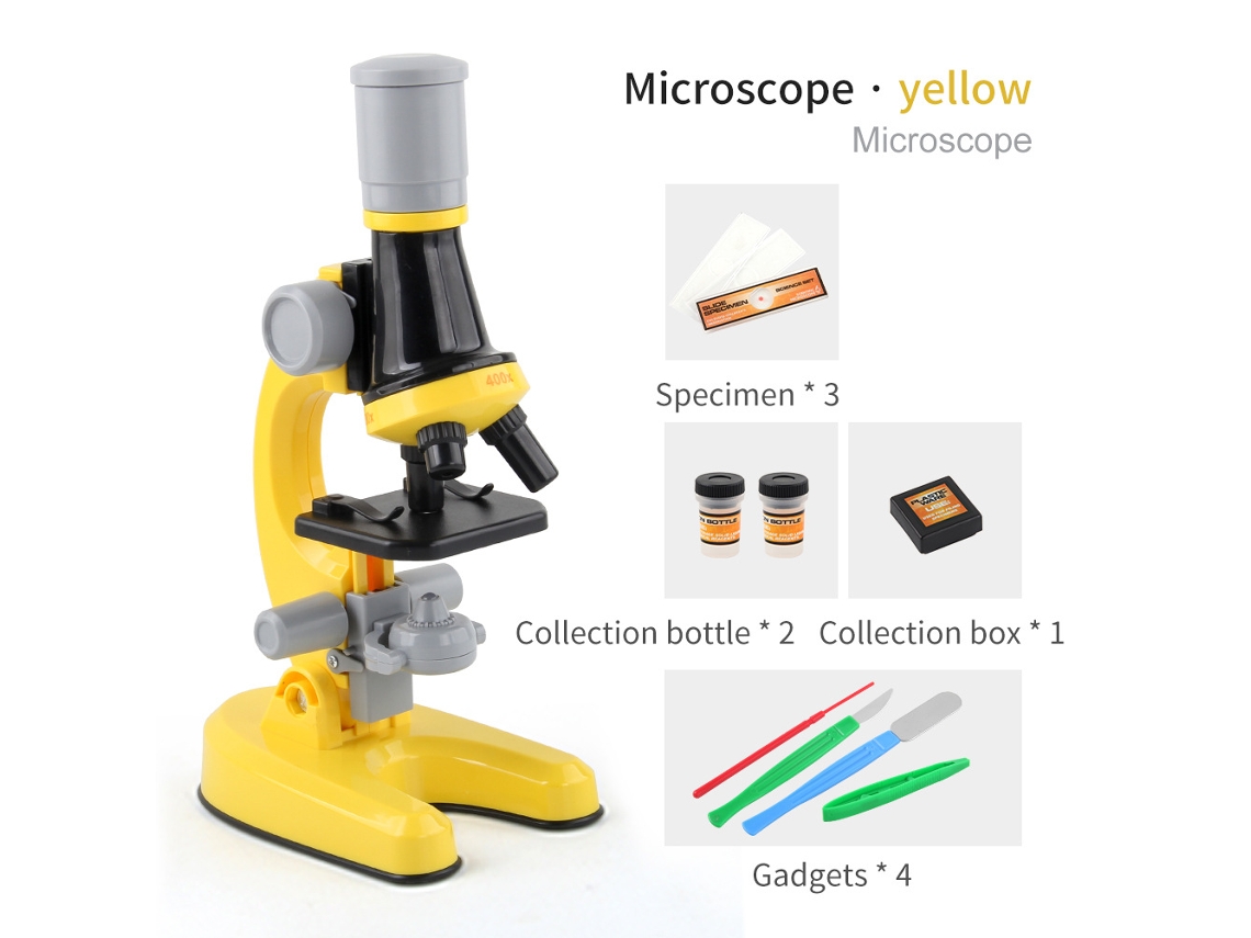 Microscopio infantil, aumento de 100x a 1200x, apto para niños de 3 a 12 años, color amarillo (1 unidad)