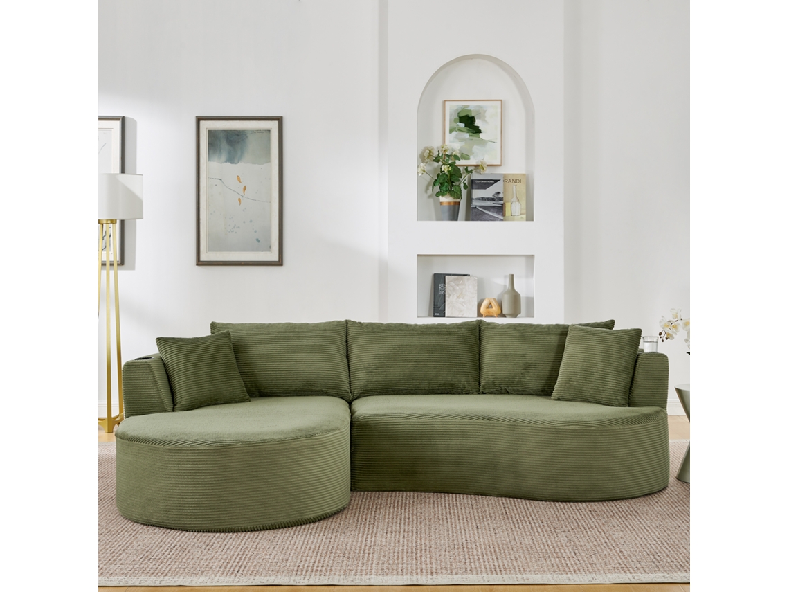 Sofá de 3 plazas con chaise longue a la izquierda, terciopelo acanalado, portavasos, cojines incluidos, envasado al vacío, color verde.