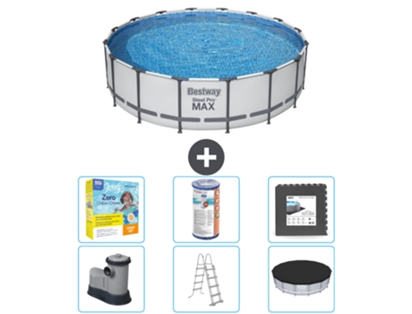 Piscina BESTWAY Round Steel Pro MAX - 488 x 122 cm - Gris - Bomba incluida - Escalera - Cobertor Paquete de mantenimiento - Filtrar - Baldosas