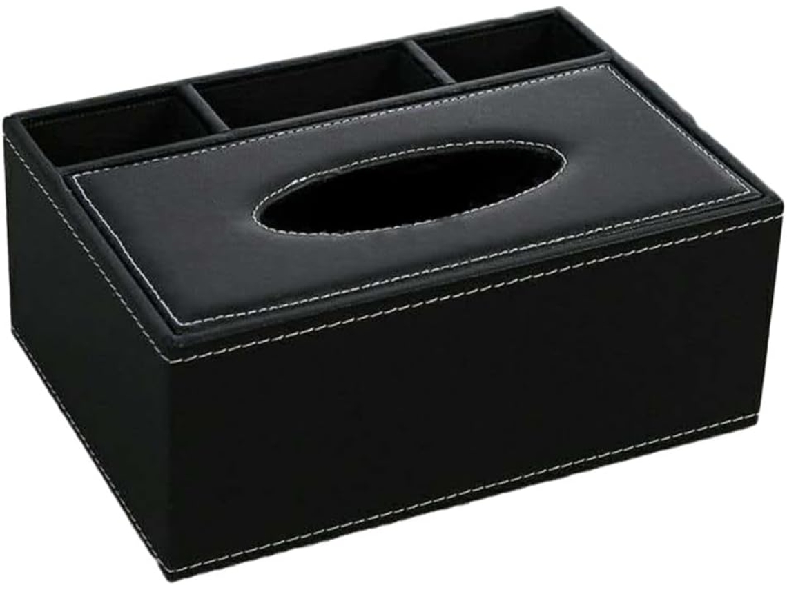 Caja organizadora de escritorio multifuncional con soporte para tijeras y dispensador de pañuelos de papel.