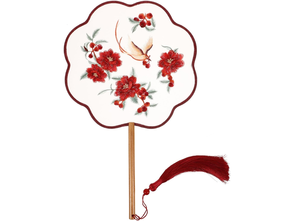 Abanico Chino Redondo Bordado Auténtica Mango Madera Elegante Accesorio Diy Decoración Clásica Tradicional