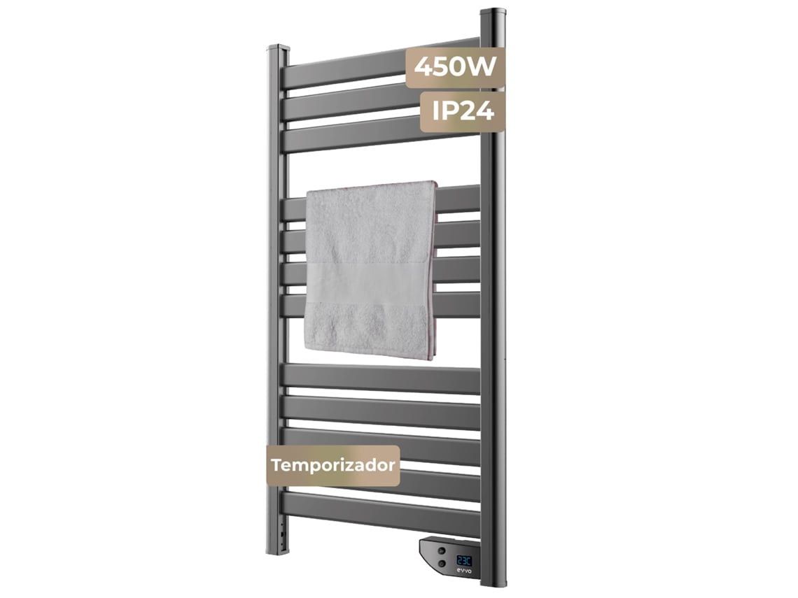 Toallero eléctrico Evvo C500 blanco, 450 W, cubre hasta 8 m², eficiente y silencioso, protección contra sobrecalentamiento, resistente a salpicaduras, modo de 2 horas.