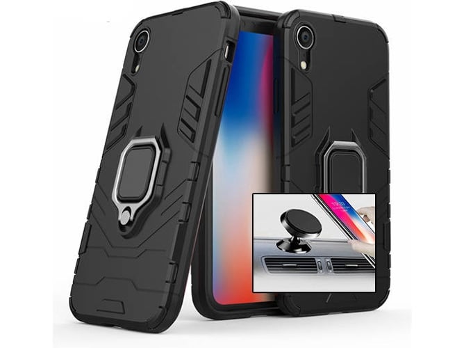 Kit Funda y Soporte Magnetico Auto iPhone XR Military Defender Negro