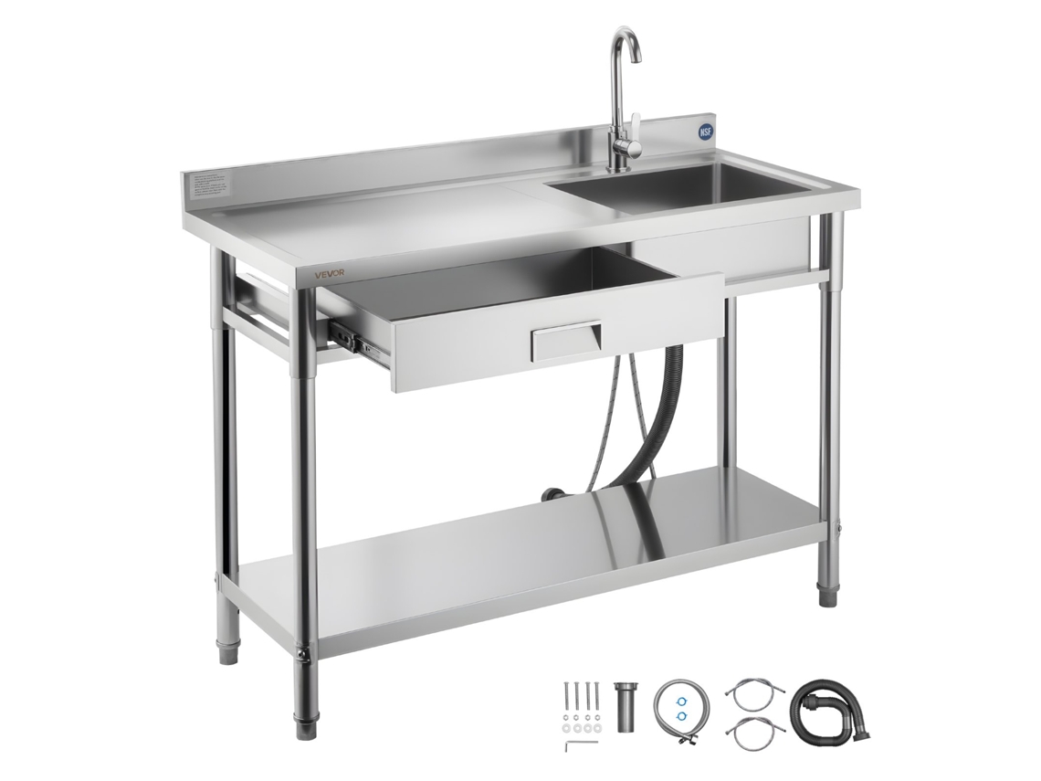 Fregadero de cocina de acero inoxidable con cajón, acabado plateado cepillado, Vevor