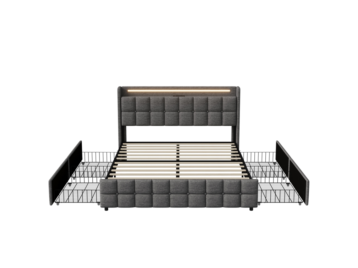 Cama De 160x200 Cm En Lino Gris Con 4 Cajones, Cabecero Led Con Puertos Usb Integrados, Amplio Espacio De Almacenamiento Y Diseño Elegante.