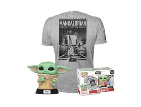 Figura + Camiseta FUNKO Pop! The Mandalorian: Grogu w/ Cookie (Talla: L)