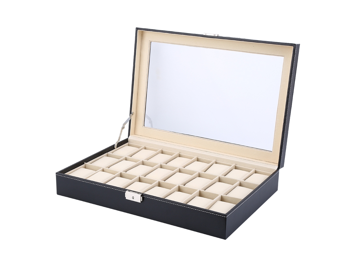 Caja de almacenamiento para relojes y pulseras de piel sintética con 24 compartimentos.