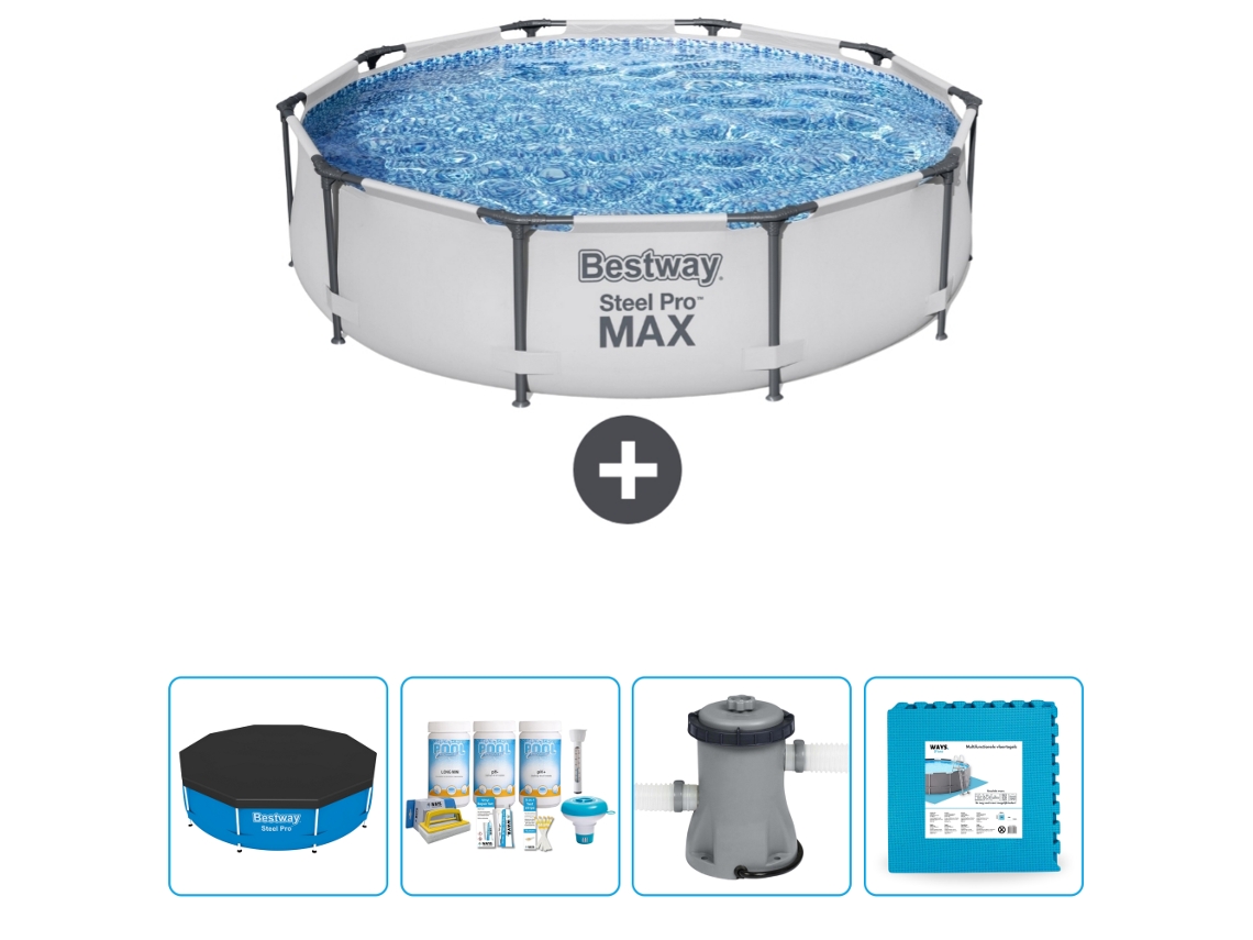 Piscina BESTWAY Round Steel Pro MAX - 305 x 76 cm - Gris - Incluida Cubrir - Paquete de mantenimiento - Bomba - Baldosas