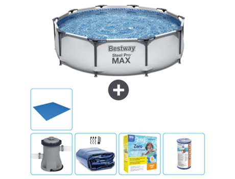 Piscina BESTWAY Round Steel Pro MAX - 305 x 76 cm - Gris - Bomba incluida Vela solar - Paquete de mantenimiento - Filtrar - Suelo