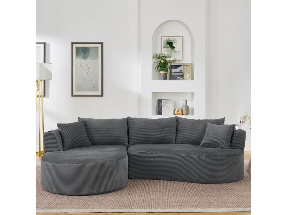 Sofá de 3 plazas con chaise longue izquierda, terciopelo acanalado, portavasos, cojines incluidos, envasado al vacío, color gris.