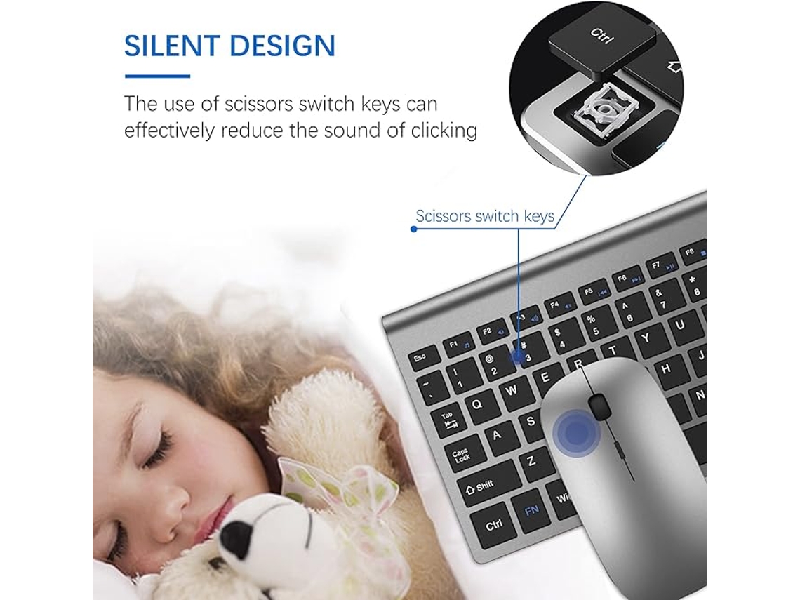 Combo de teclado y ratón inalámbricos con interruptores de tijera, tamaño compacto, diseño ultrafino, cubierta de teclado, clic silencioso, amplia compatibilidad