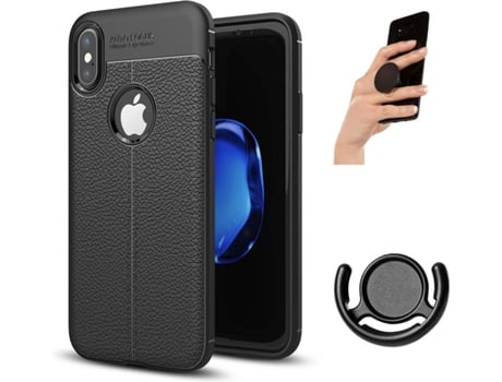 Carcasa + Soporte + Popsocket iPhone X Rugged Leather Negro