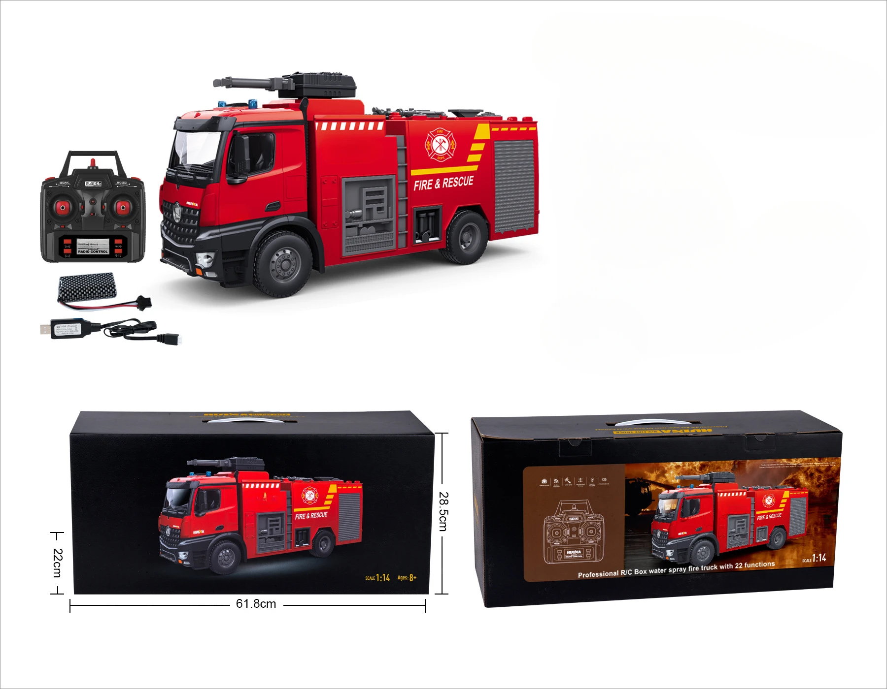 Camión de bomberos a control remoto con luces LED y efectos de sonido capaz de rociar agua para extinguir incendios.