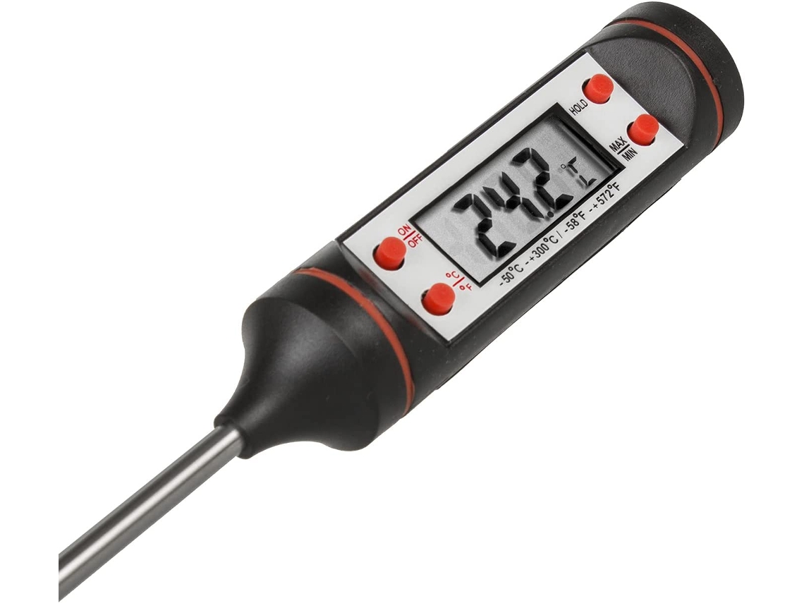 Termómetro profesional para alimentos de cocina. Su sonda extralarga garantiza seguridad a altas temperaturas. Su sonda de acero inoxidable garantiza una mayor durabilidad.