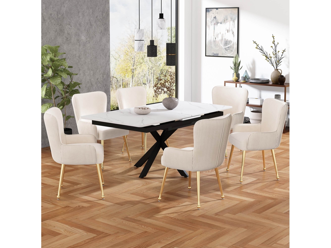 Juego de 6 sillas de terciopelo con brazos y patas de metal dorado estilo beige y dorado