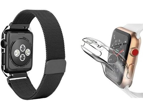 Kit Correa Acero Stainless, y Funda 360° APPLE Watch Series 7 - 45mm PHONECARE Negro Transparente