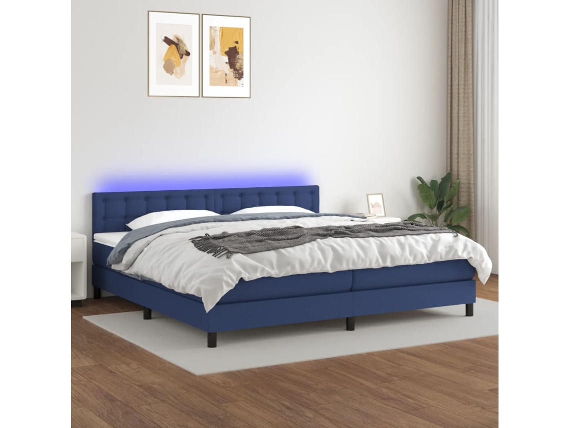Cama Box Spring Colchón Y Luces Led Tela Azul 200x200 Cm