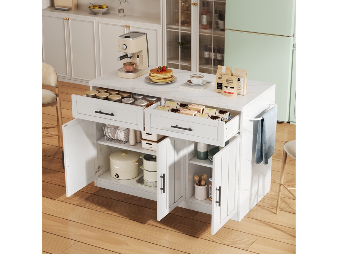 Isla De Cocina De 120x60x91cm Con Tomas Usb, Estantes Ajustables Y Toallero.