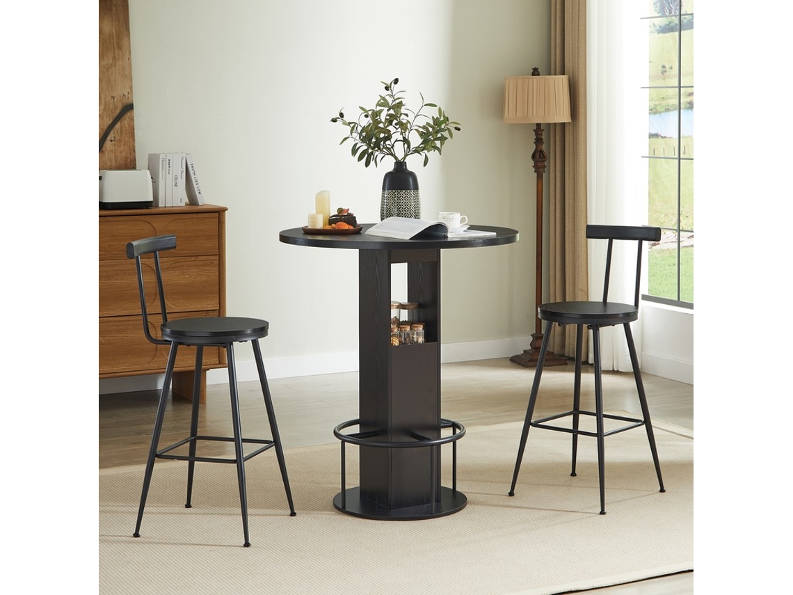 Conjunto De Bar De 3 Piezas Con Mesa Redonda De 80 Cm, 2 Taburetes Y Aro De Metal Negro.