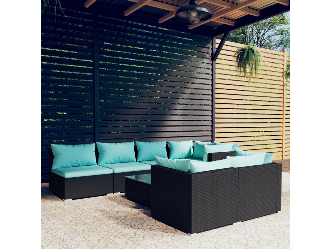 Conjunto de jardín de 8 piezas con cojines, mimbre sintético negro, DKD Home Decor