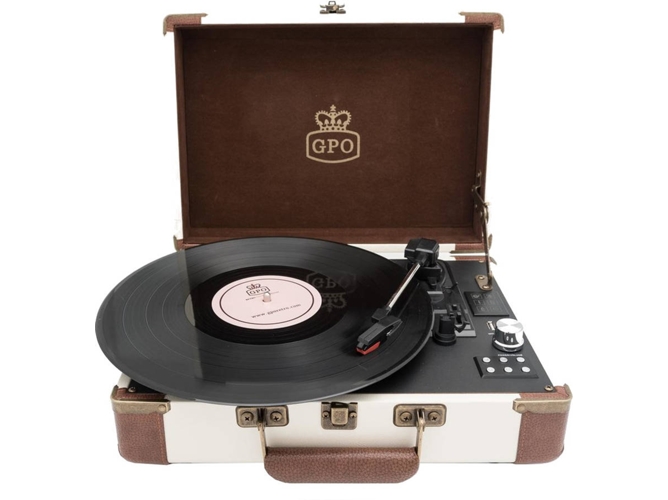 Gpo Ambassador Reproductor de discos bluetooth tocadiscos vinilo retro con altavoces crema y bronce plato giratorio