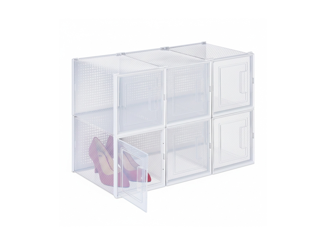 Relaxdays 6 Cajas Zapatos, Talle 42, Apilables, Calzado Tacón Alto, Orificios Ventilacón, Plástico, Transparente/blanco