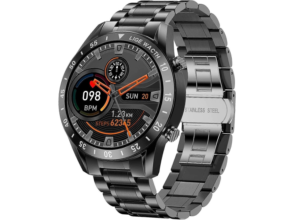 Reloj inteligente para hombre en acero negro, moderno monitor de actividad física con llamadas Bluetooth y chat de voz. Incluye monitor de presión arterial.