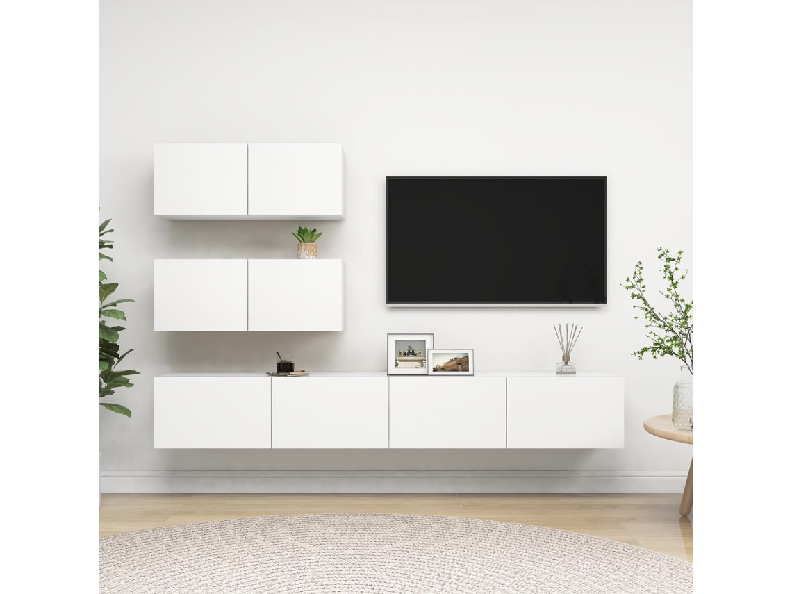Conjunto de 4 muebles de TV con derivados de madera, blanco, DKD HOME DECOR