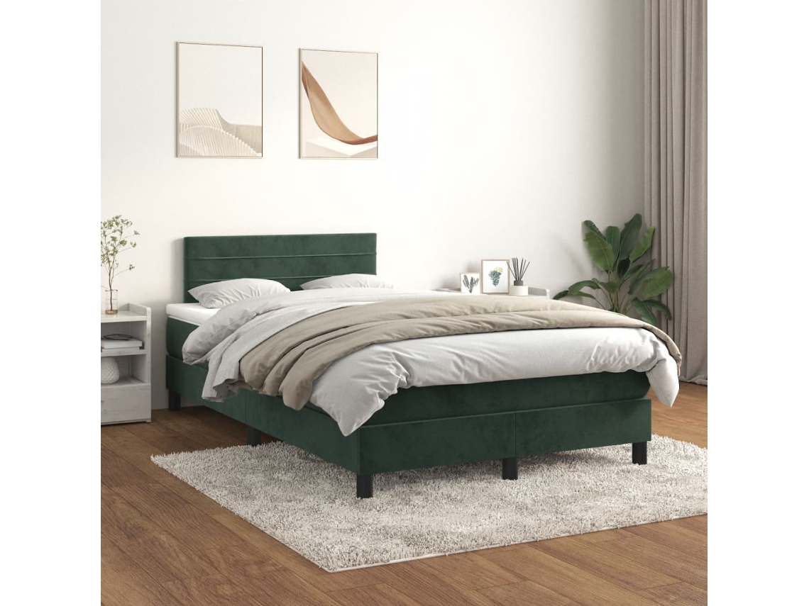 Cama Box Spring Con Colchón Terciopelo Verde Oscuro 120x200 Cm