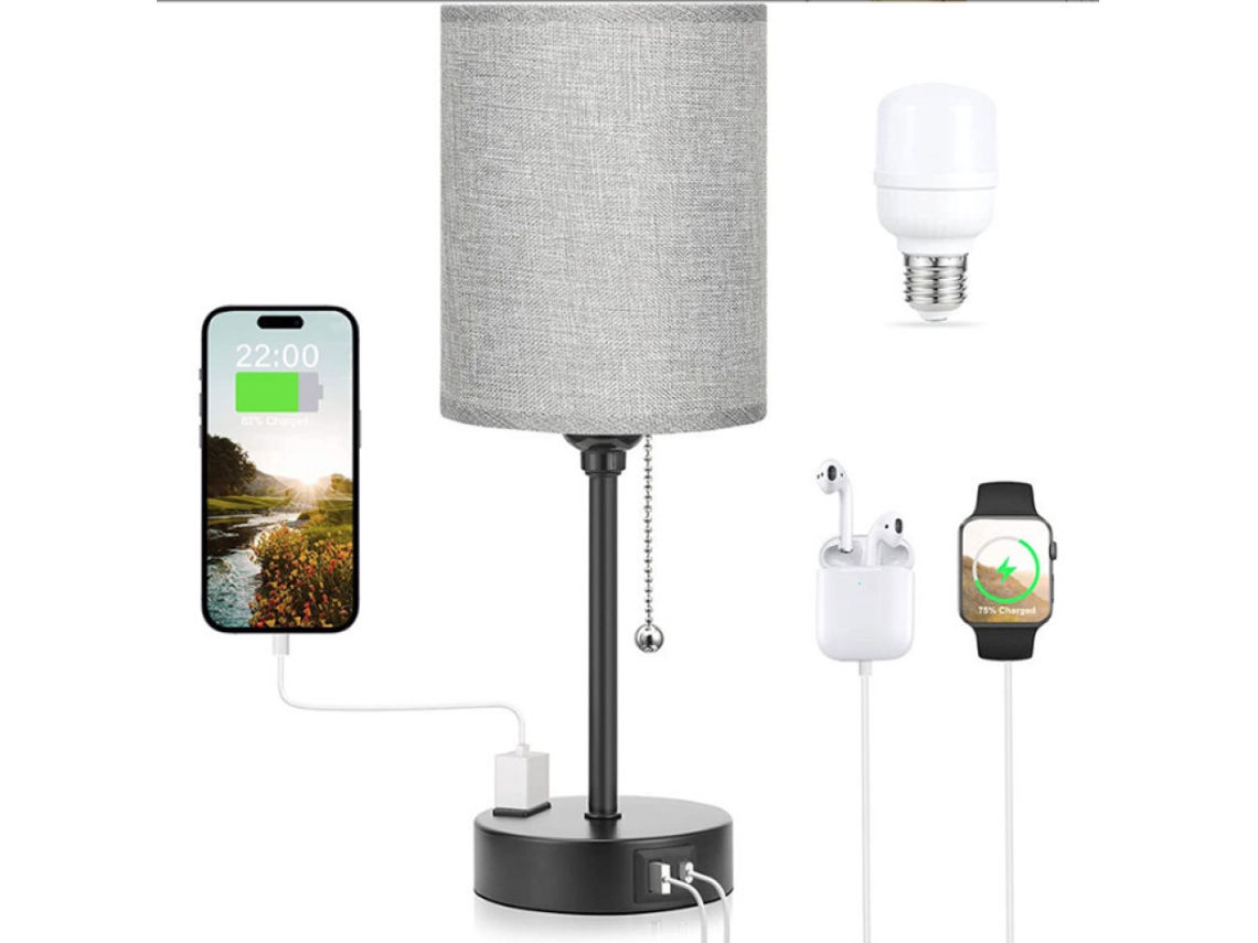 Lámpara de mesilla Sstrwgood con 3 temperaturas de color, toma USB-C y USB-A, base de metal negro.