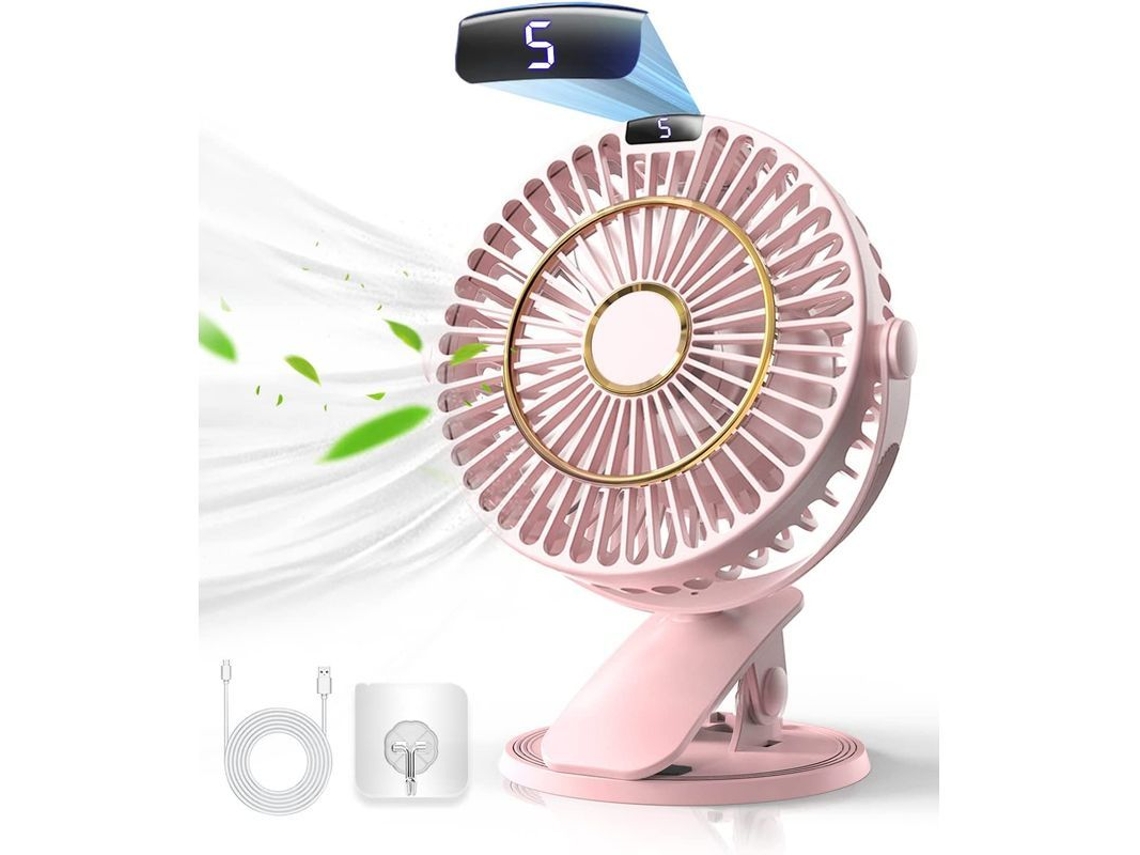Ventilador De Escritorio Recargable Con Pantalla Lcd, 5 Velocidades, Rotación De 720°, Portátil Y Silencioso - Rosa