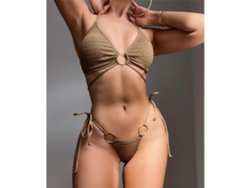 Bikini de dos piezas marrón sin espalda con aro metálico.