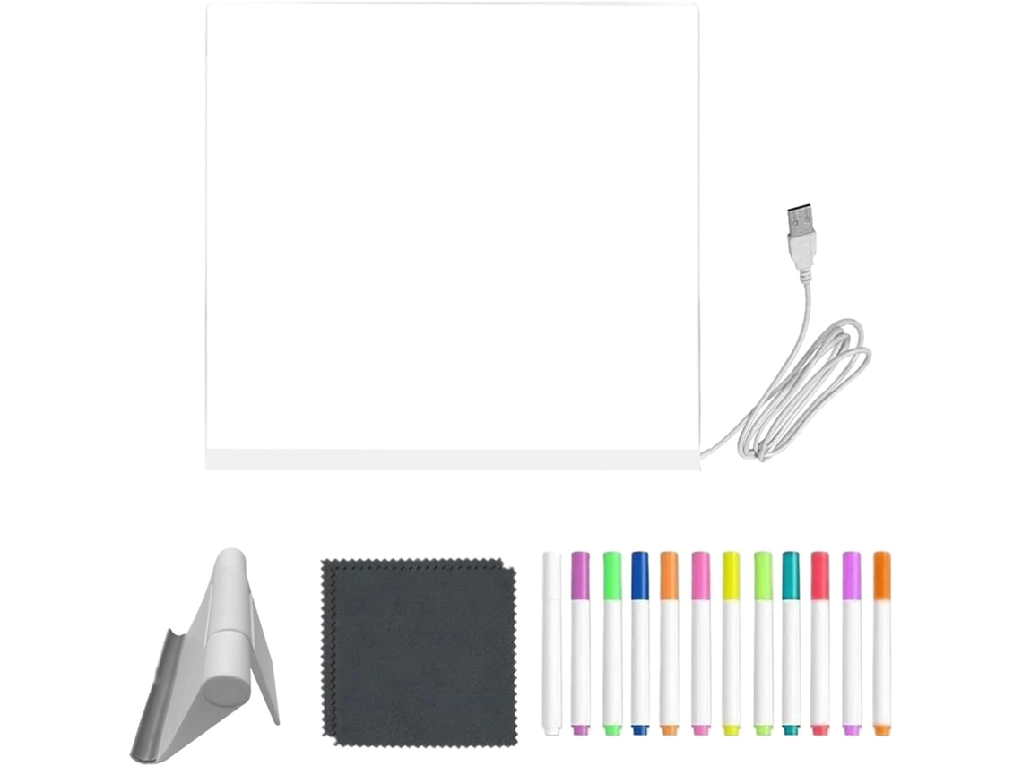 Pizarra LED | Tablero de anuncios acrílico transparente | Incluye 12 rotuladores de colores y soporte plegable Vayotoy