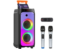 Máquina de karaoke, dos subwoofers, conectividad Bluetooth, color negro.