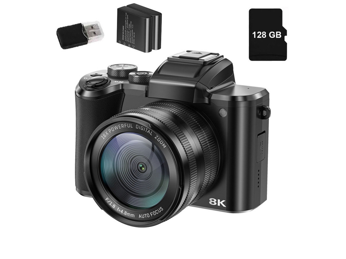 Cámara digital Szsmart DC226, pantalla HD 8K de 3,2 pulgadas, 88 MP, zoom 16x, wifi, para vlogs en YouTube, color negro, lector de tarjetas de 128 GB y 2 baterías.