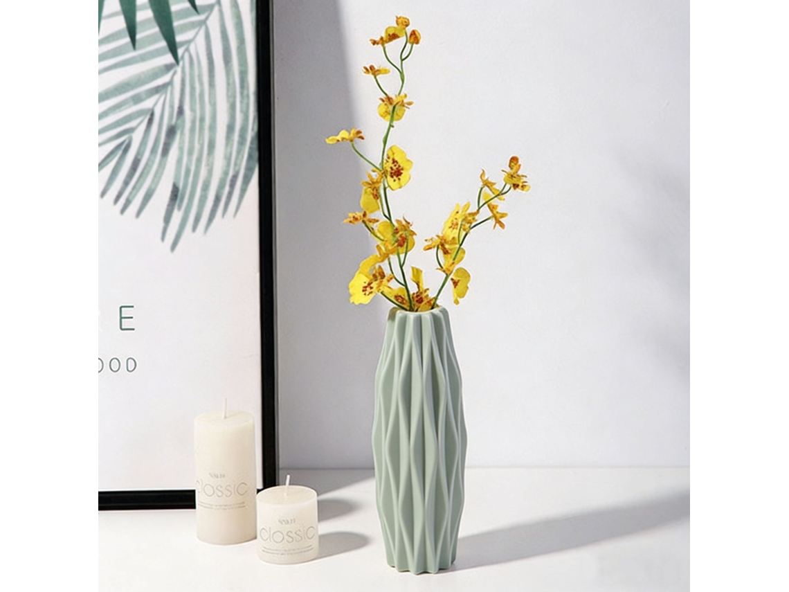 Jarrón De Plástico Para Salón, Resistente A Los Golpes, Con Flores Artificiales - Verde