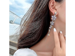 2026-aretes Largos De Flores De Plata Con Piedras Rhinestones Moradas Para Mujer Y Niña Joyería Corporal